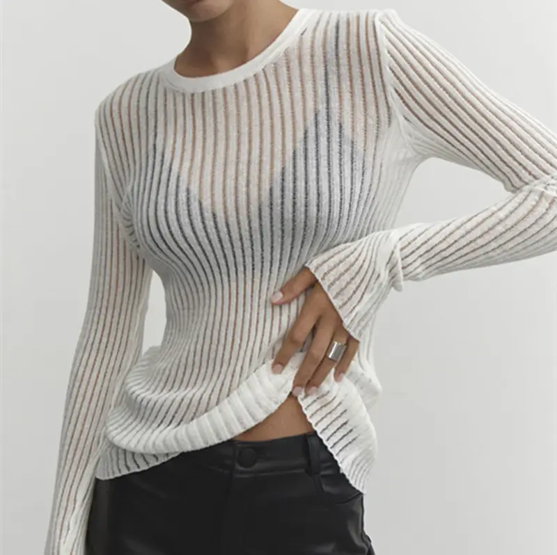 2025 Long Sleeve Knitted Top White Striped