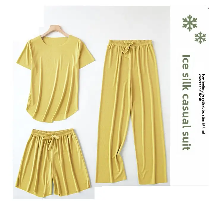 Ice Queen Three-Piece Set for Women 2026 Spring and Summer New Loose-Fitting Casual Ice Silk Soft Suit Home Wear