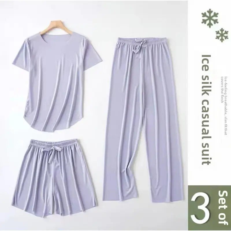 Ice Queen Three-Piece Set for Women 2026 Spring and Summer New Loose-Fitting Casual Ice Silk Soft Suit Home Wear