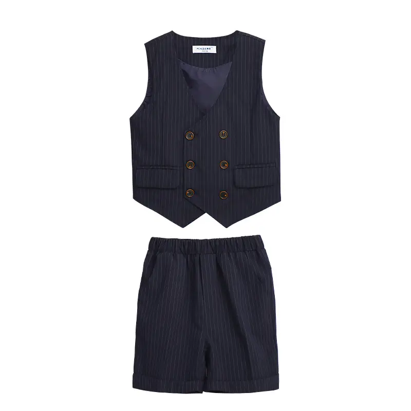 Men Navy Pique Vest Single Button College Suit - Image 9