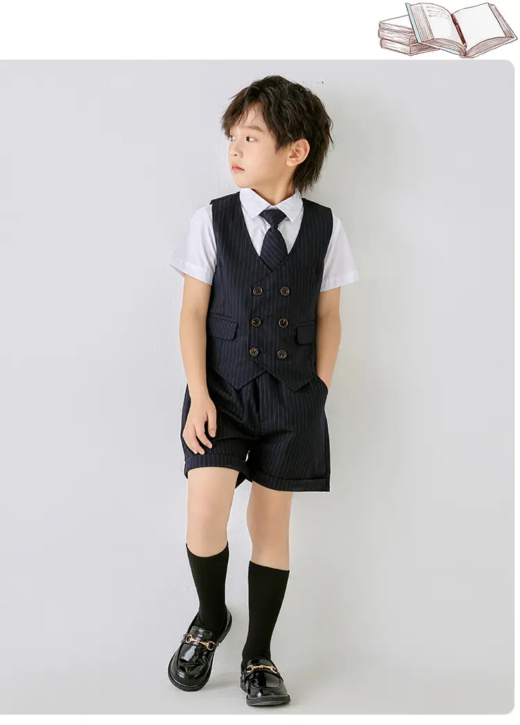 Men Navy Pique Vest Single Button College Suit — feature 19