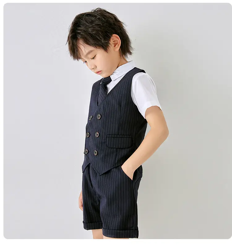 Men Navy Pique Vest Single Button College Suit — feature 22