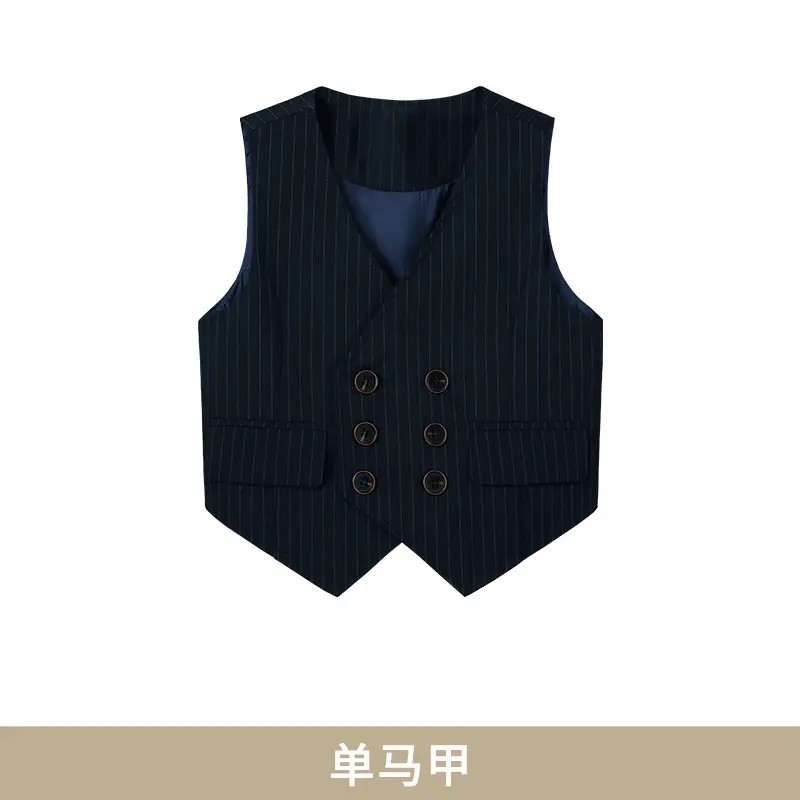 Men Navy Pique Vest Single Button College Suit - Image 4