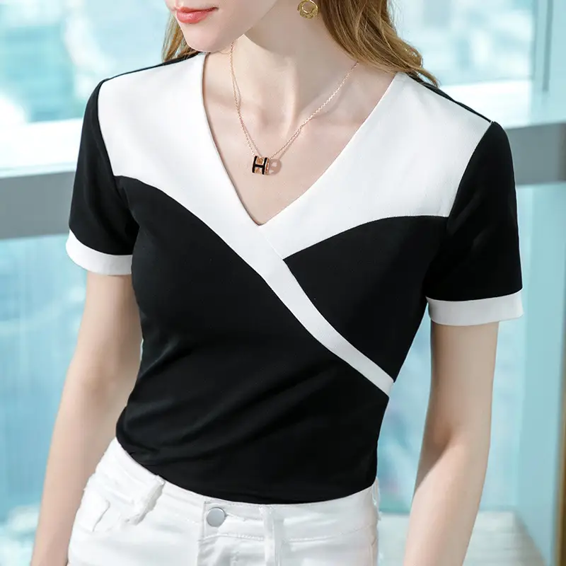 Women Cotton V-Neck T-Shirt Black White Summer 2023 - Image 2