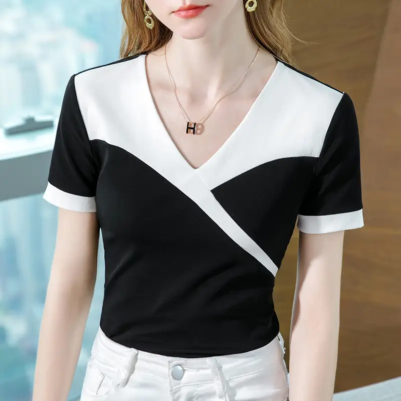 Women Cotton V-Neck T-Shirt Black White Summer 2023 - Image 3