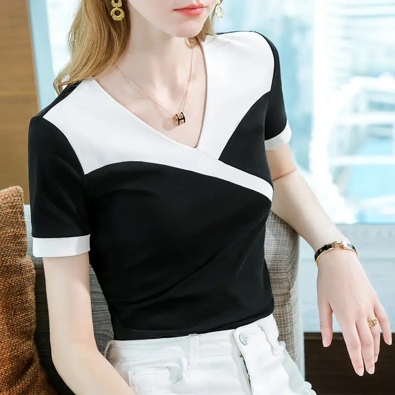 Women Cotton V-Neck T-Shirt Black White Summer 2023 - Image 4