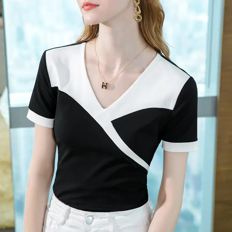 Women Cotton V-Neck T-Shirt Black White Summer 2023 - Image 5