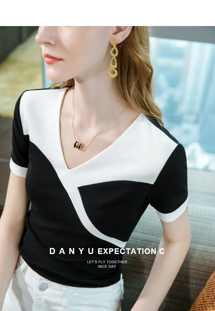Women Cotton V-Neck T-Shirt Black White Summer 2023 — feature 11