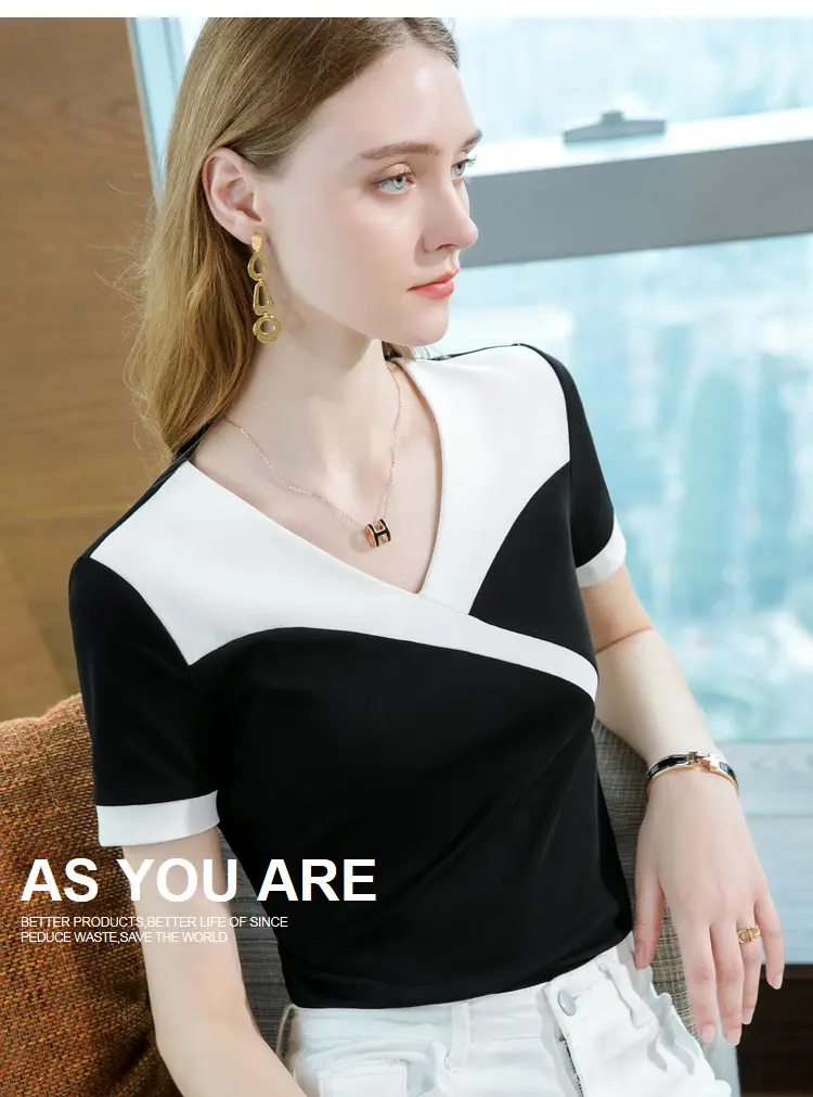 Women Cotton V-Neck T-Shirt Black White Summer 2023 — feature 12