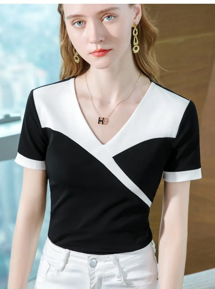 Women Cotton V-Neck T-Shirt Black White Summer 2023 — feature 13