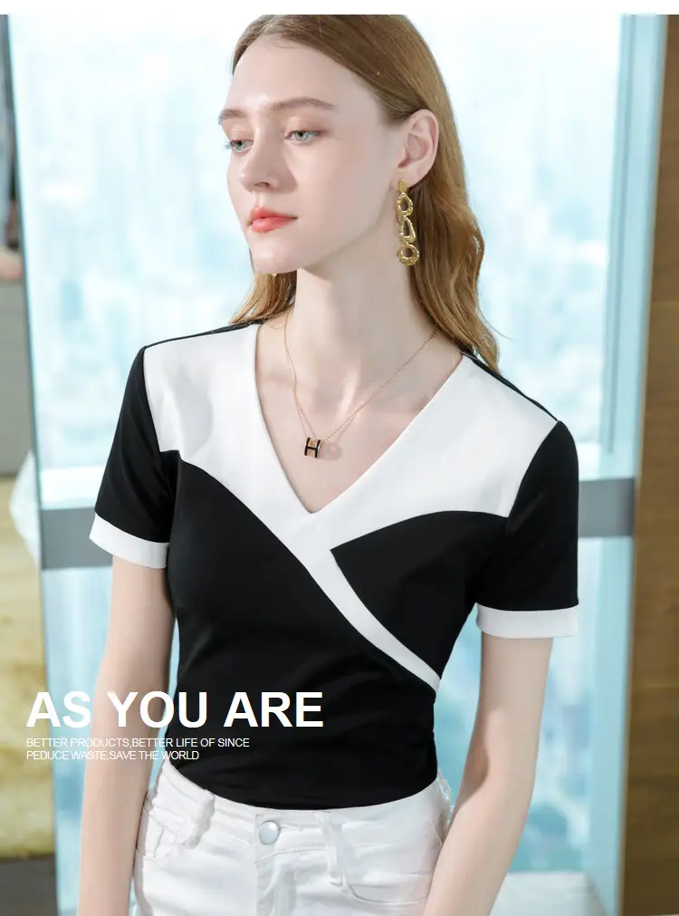 Women Cotton V-Neck T-Shirt Black White Summer 2023 — feature 14