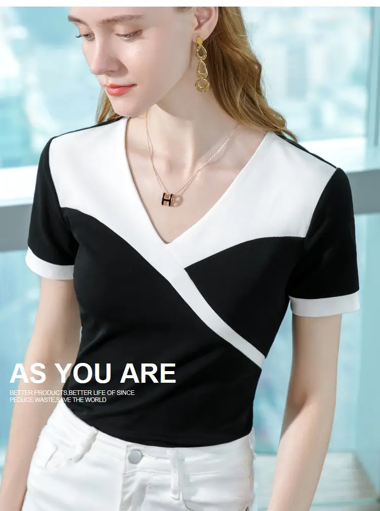 Women Cotton V-Neck T-Shirt Black White Summer 2023 — feature 15