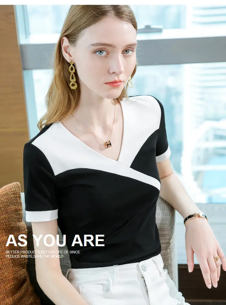Women Cotton V-Neck T-Shirt Black White Summer 2023 — feature 16