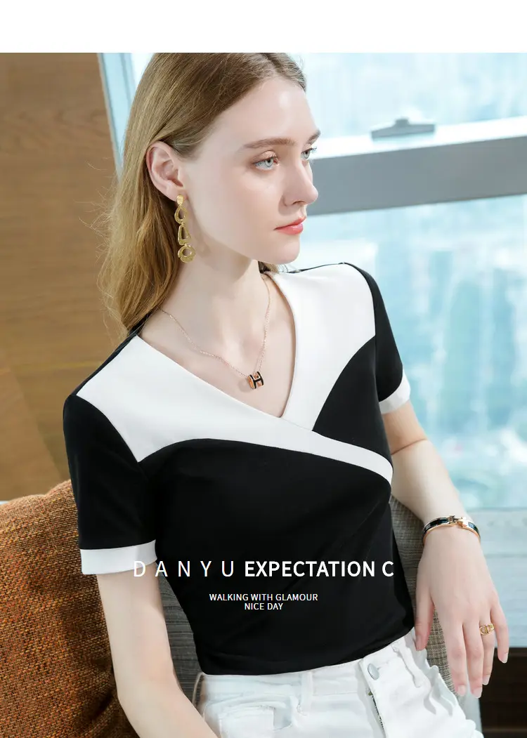 Women Cotton V-Neck T-Shirt Black White Summer 2023 — feature 3