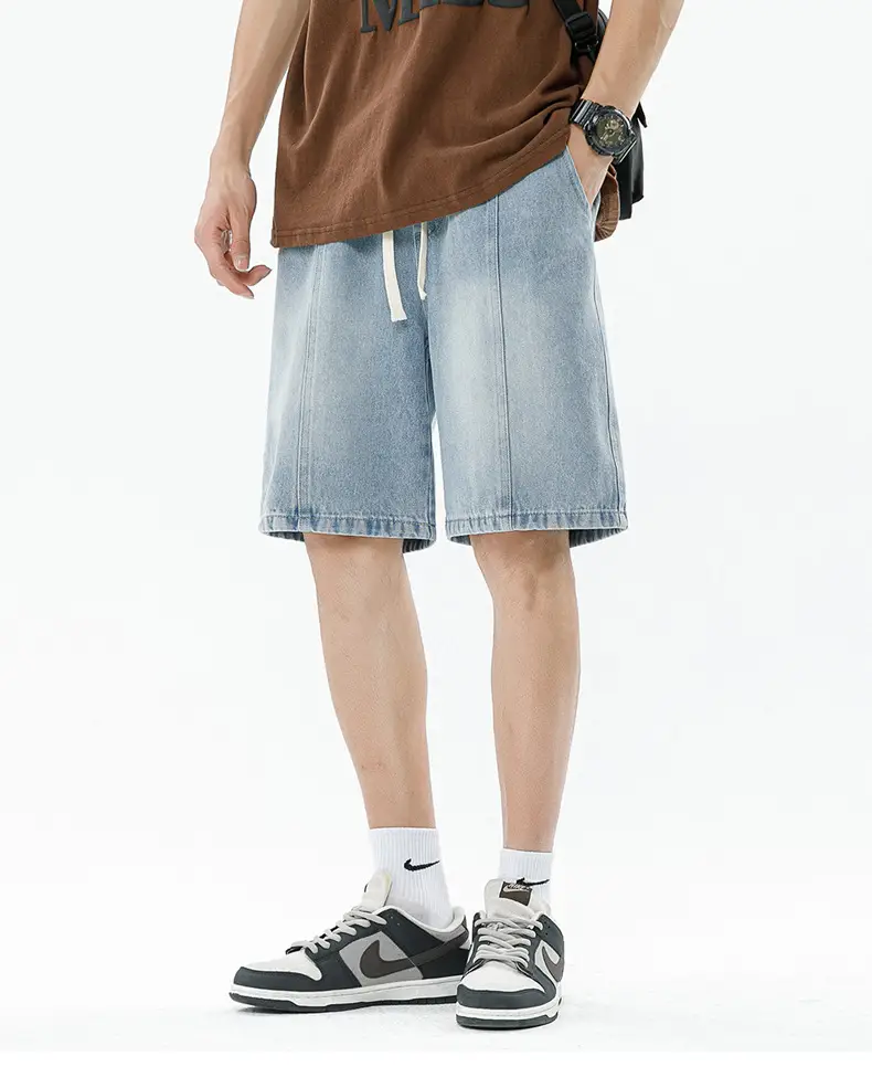 Men's Summer Denim Shorts Black Gradient Stitching Loose Fit — feature 10