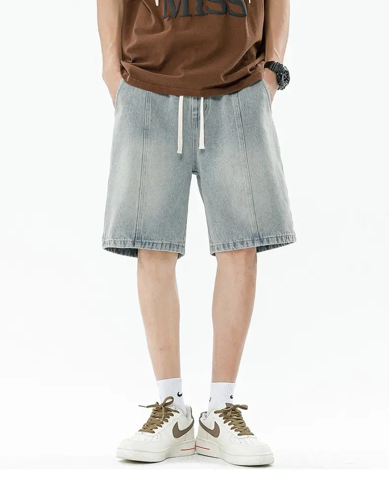 Men's Summer Denim Shorts Black Gradient Stitching Loose Fit — feature 11