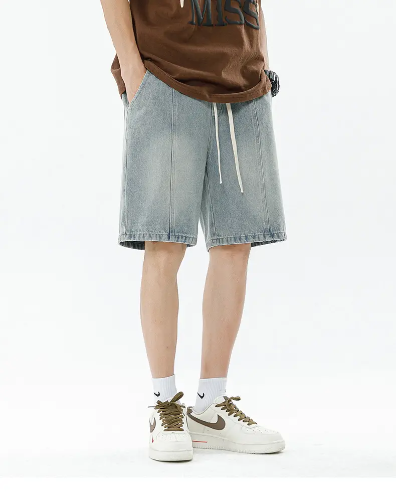 Men's Summer Denim Shorts Black Gradient Stitching Loose Fit — feature 12