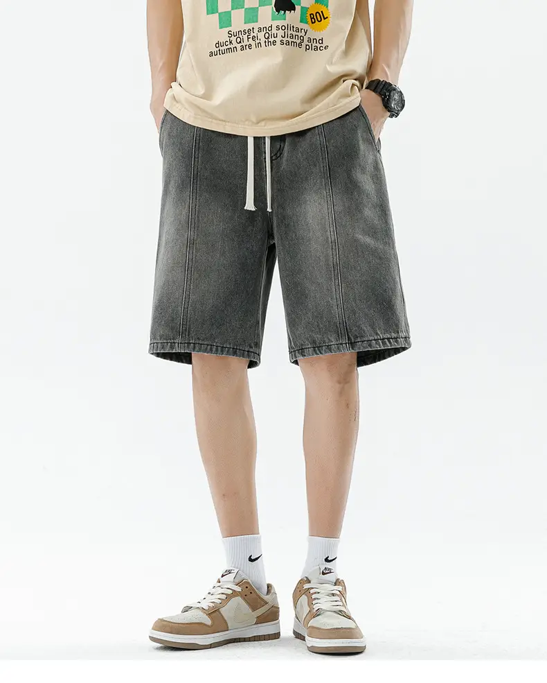 Men's Summer Denim Shorts Black Gradient Stitching Loose Fit — feature 14