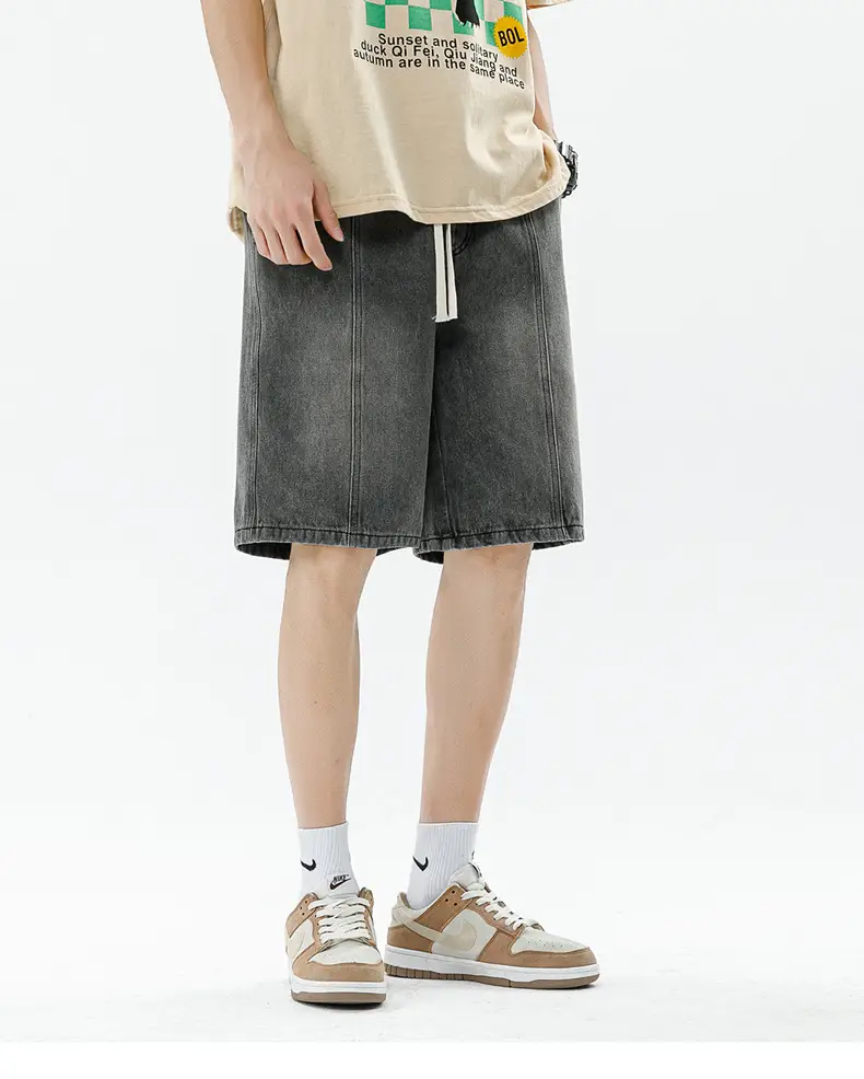Men's Summer Denim Shorts Black Gradient Stitching Loose Fit — feature 15