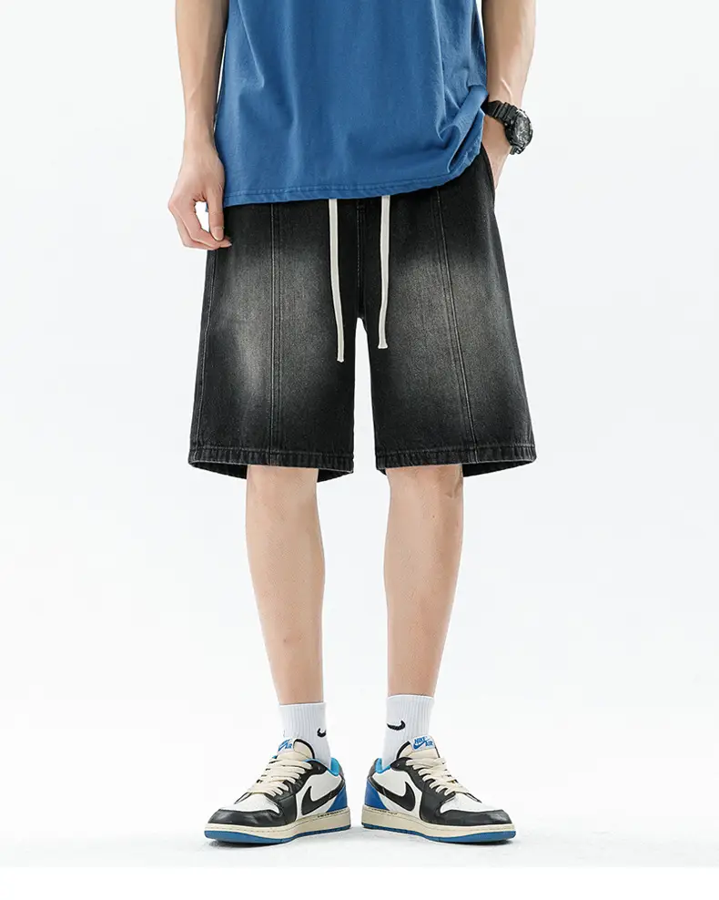 Men's Summer Denim Shorts Black Gradient Stitching Loose Fit — feature 17