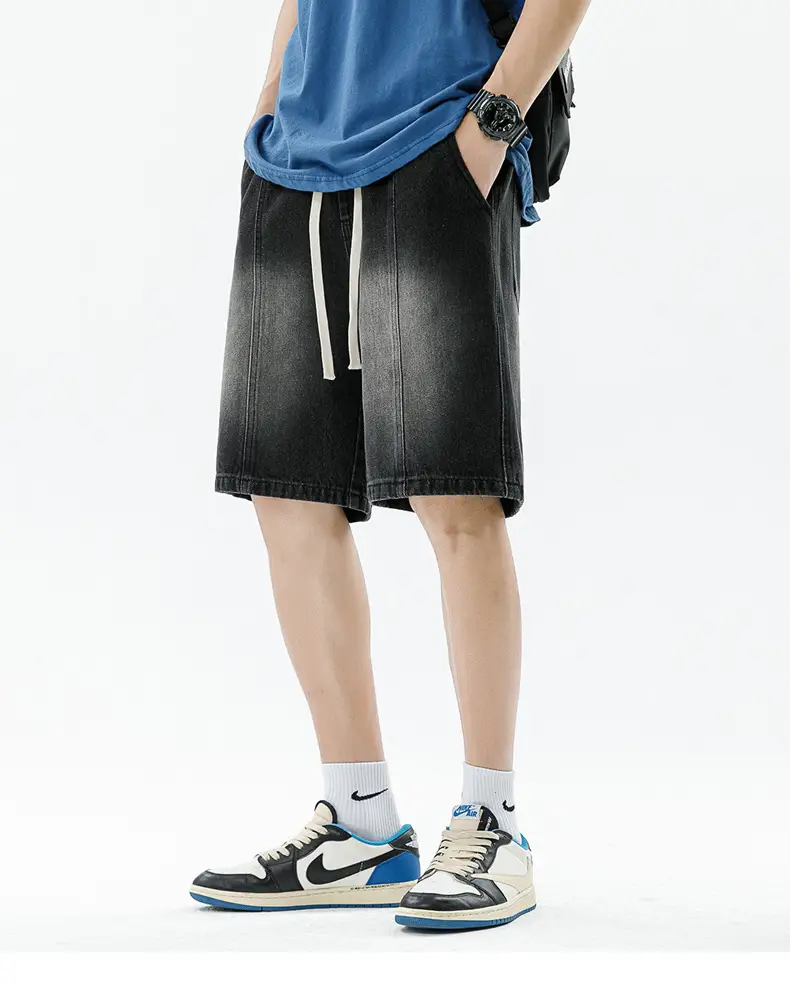Men's Summer Denim Shorts Black Gradient Stitching Loose Fit — feature 18