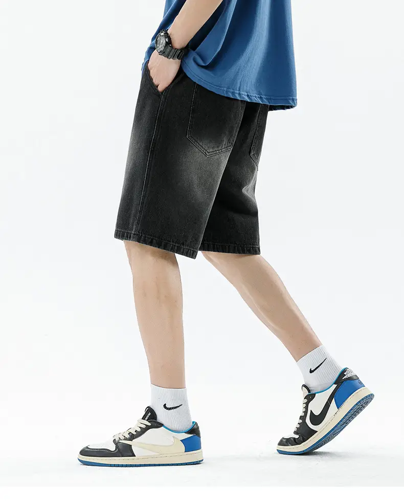 Men's Summer Denim Shorts Black Gradient Stitching Loose Fit — feature 19