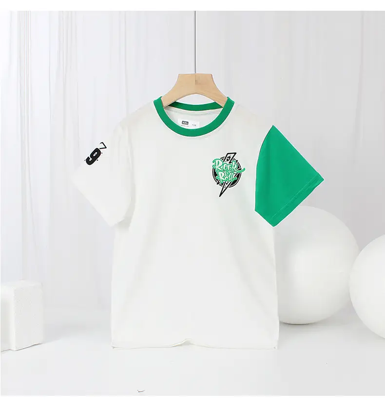Kids Cotton T-Shirt White Green Short Sleeve — feature 59