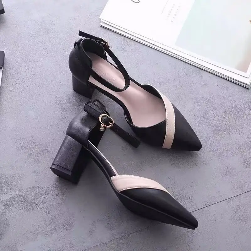 Baotou Sandals for Women 2023 Korean Style Spring and Summer One-Line Buckle Thick Heel Medium Heel Versatile Color Matching Pointed Toe High Heels Comfortable