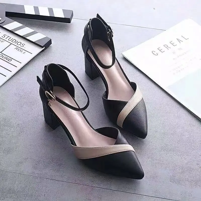 Baotou Sandals for Women 2023 Korean Style Spring and Summer One-Line Buckle Thick Heel Medium Heel Versatile Color Matching Pointed Toe High Heels Comfortable