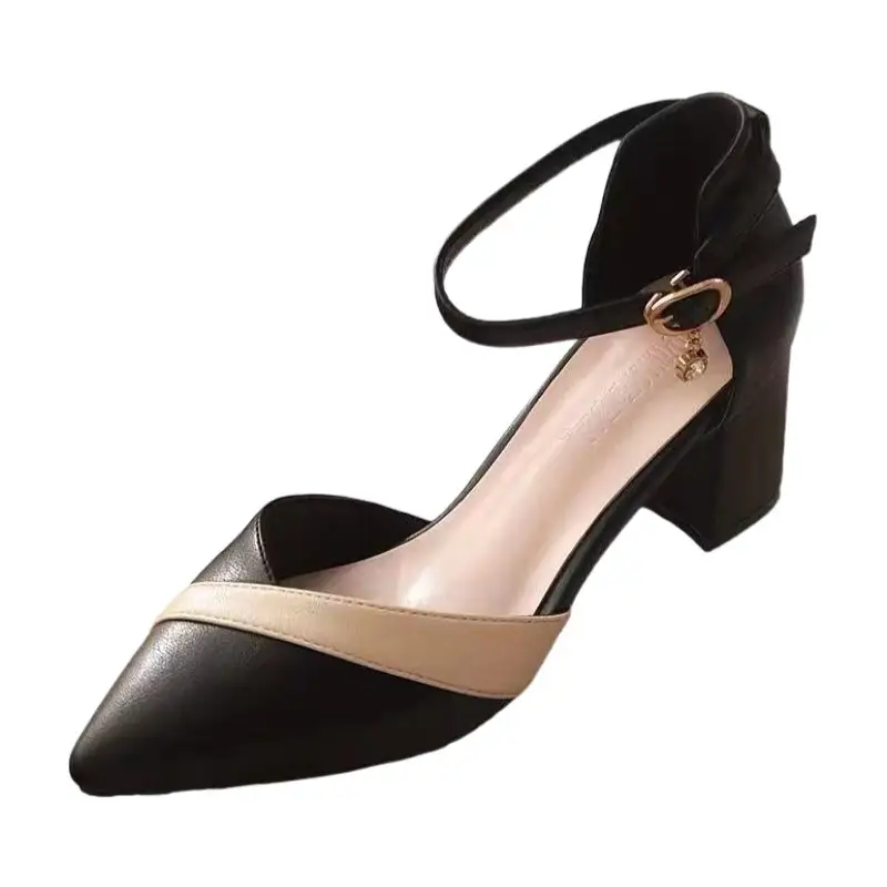 Baotou Sandals for Women 2023 Korean Style Spring and Summer One-Line Buckle Thick Heel Medium Heel Versatile Color Matching Pointed Toe High Heels Comfortable