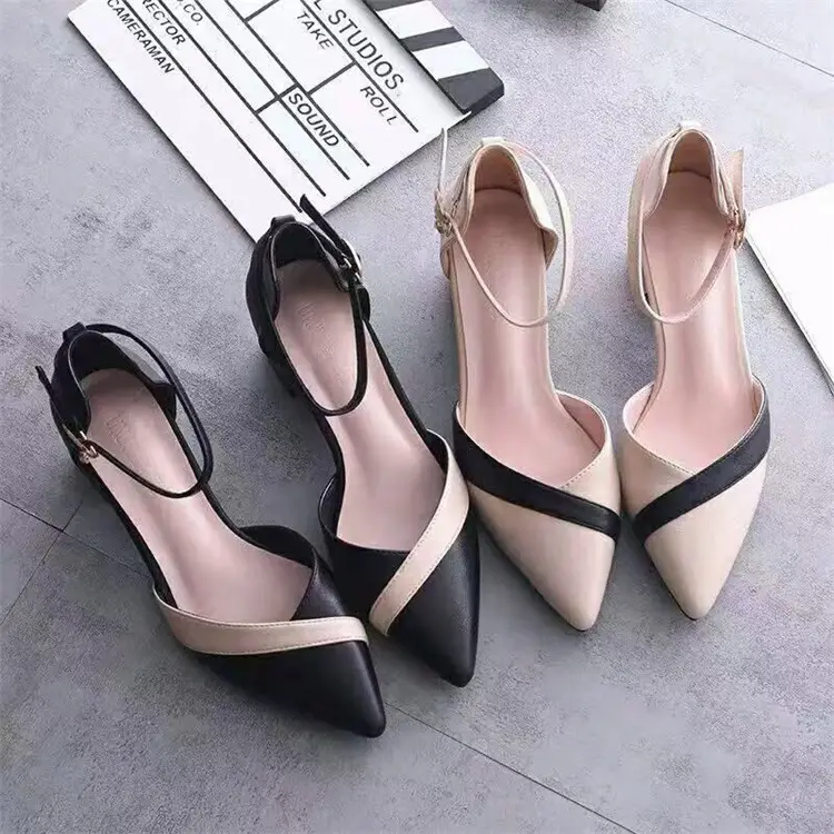 Baotou Sandals for Women 2023 Korean Style Spring and Summer One-Line Buckle Thick Heel Medium Heel Versatile Color Matching Pointed Toe High Heels Comfortable — feature 1