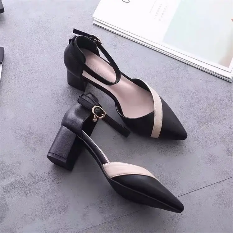 Baotou Sandals for Women 2023 Korean Style Spring and Summer One-Line Buckle Thick Heel Medium Heel Versatile Color Matching Pointed Toe High Heels Comfortable — feature 2