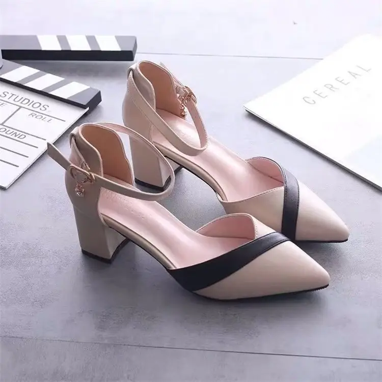 Baotou Sandals for Women 2023 Korean Style Spring and Summer One-Line Buckle Thick Heel Medium Heel Versatile Color Matching Pointed Toe High Heels Comfortable — feature 4