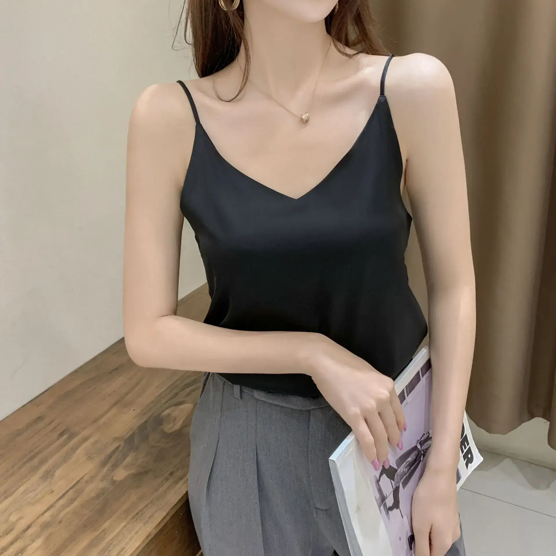 Women's Black Silk V-Neck Camisole with Loose Bottom - Image 8