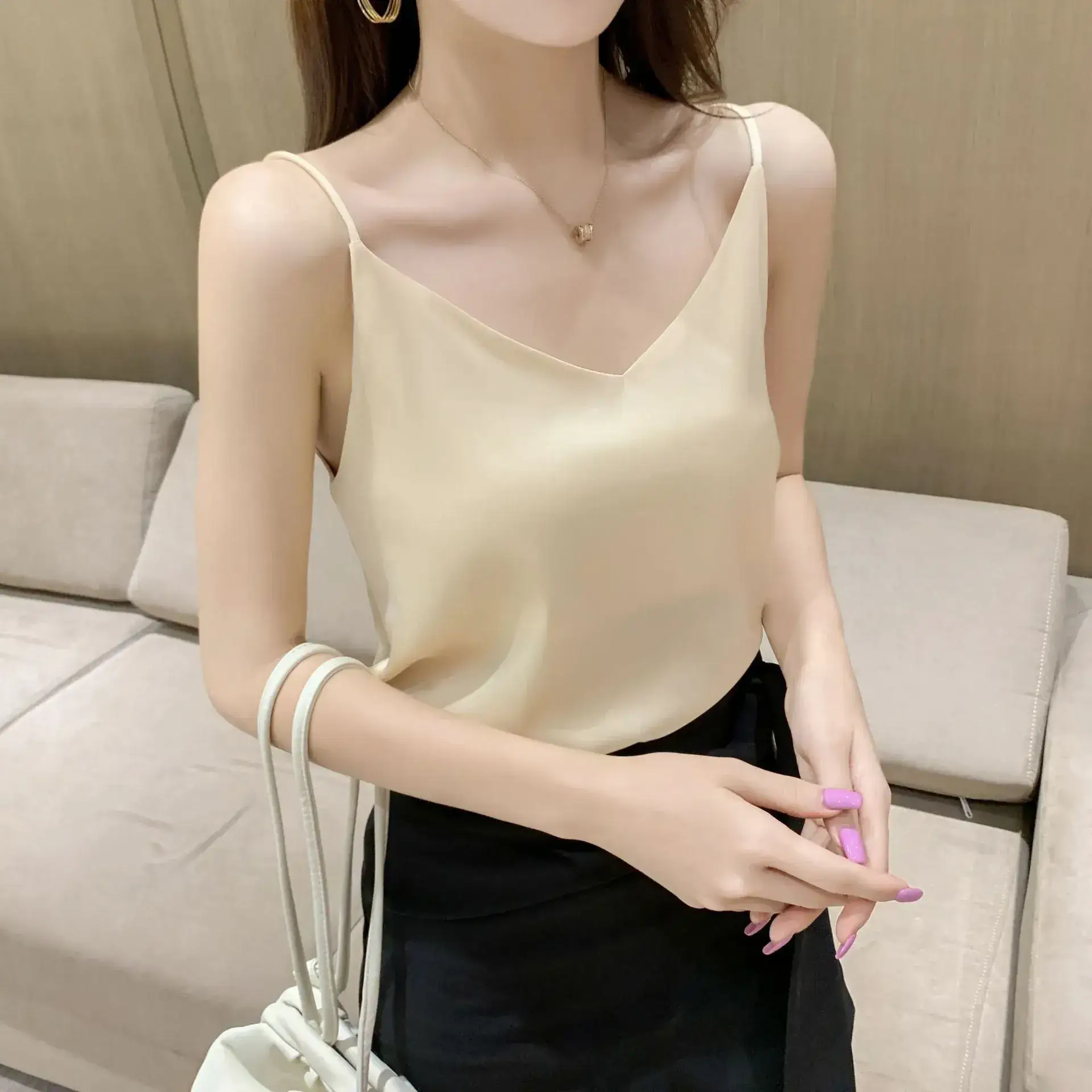 Women's Black Silk V-Neck Camisole with Loose Bottom - Image 9