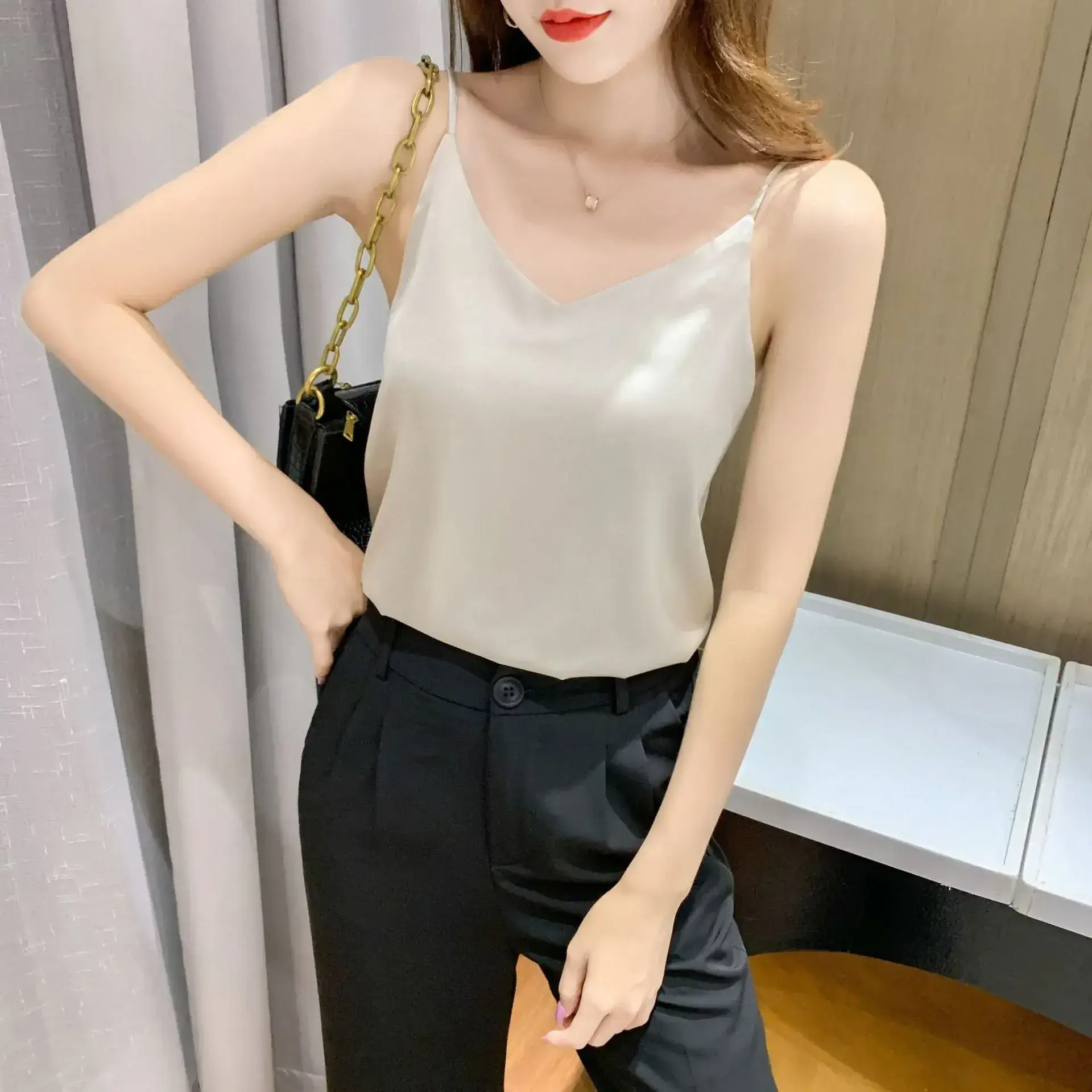Women's Black Silk V-Neck Camisole with Loose Bottom - Image 10