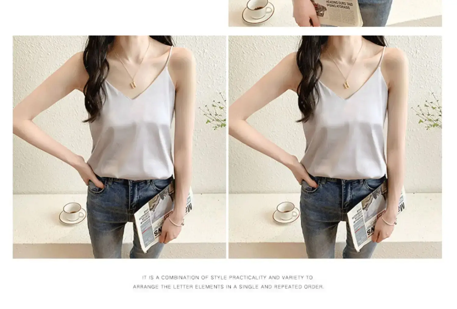 Women's Black Silk V-Neck Camisole with Loose Bottom — feature 10