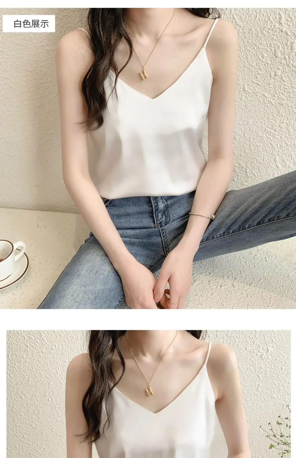Women's Black Silk V-Neck Camisole with Loose Bottom — feature 11
