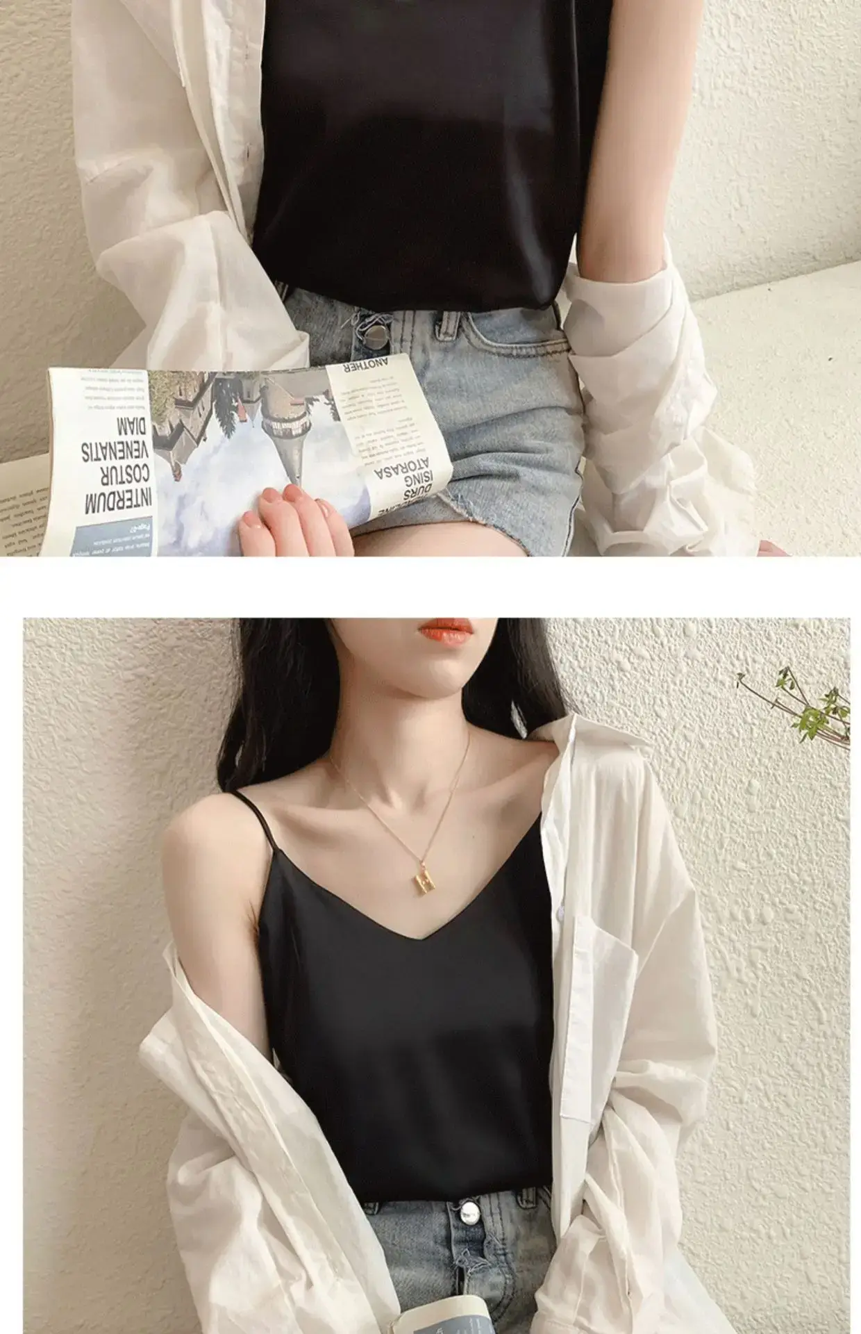 Women's Black Silk V-Neck Camisole with Loose Bottom — feature 14