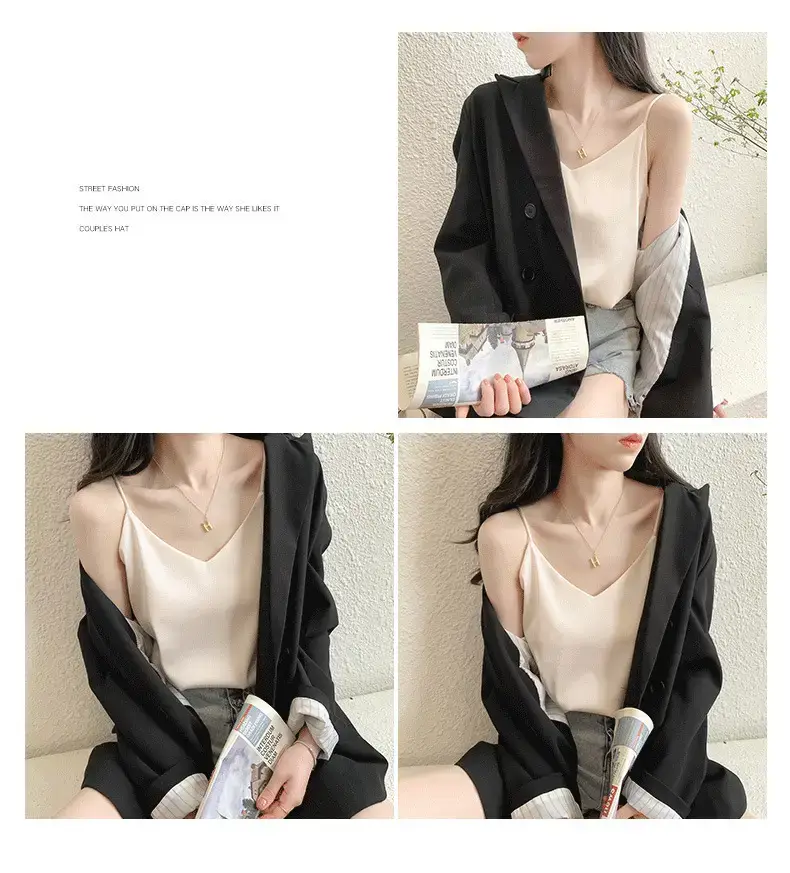 Women's Black Silk V-Neck Camisole with Loose Bottom — feature 15