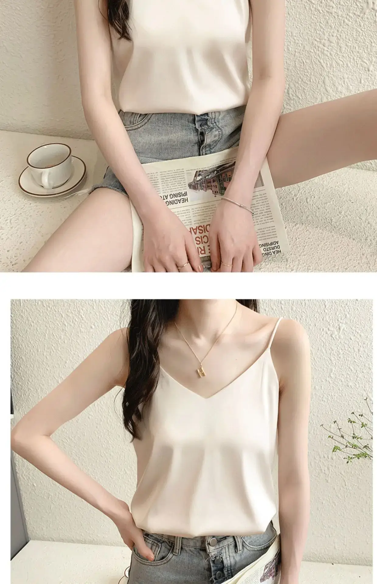 Women's Black Silk V-Neck Camisole with Loose Bottom — feature 17