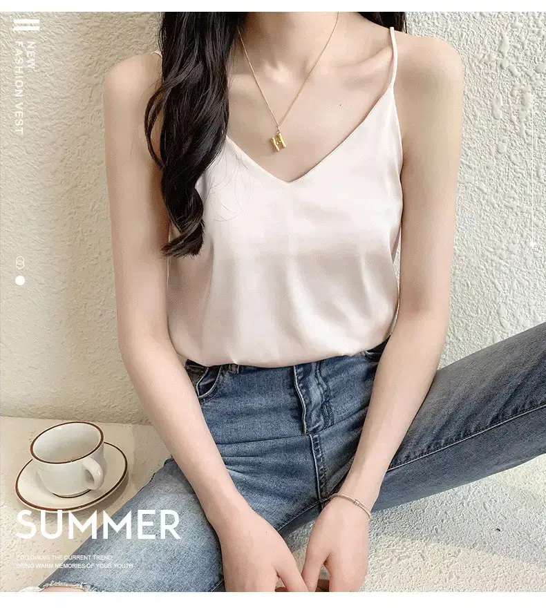Women's Black Silk V-Neck Camisole with Loose Bottom — feature 2