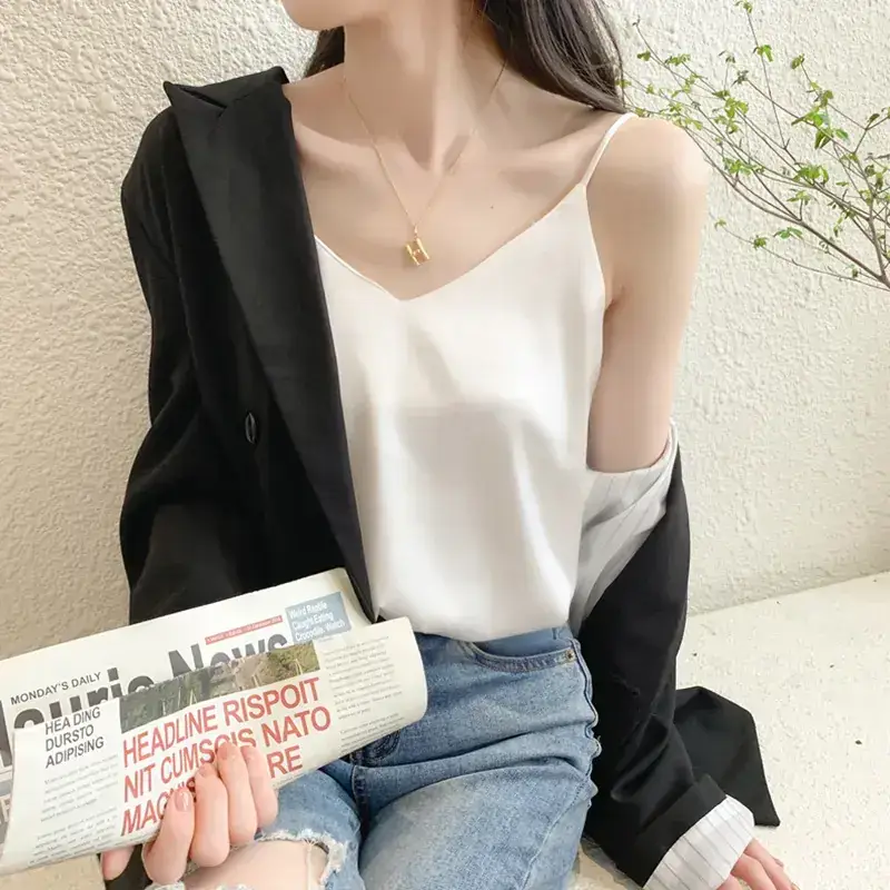 Women's Black Silk V-Neck Camisole with Loose Bottom - Image 2