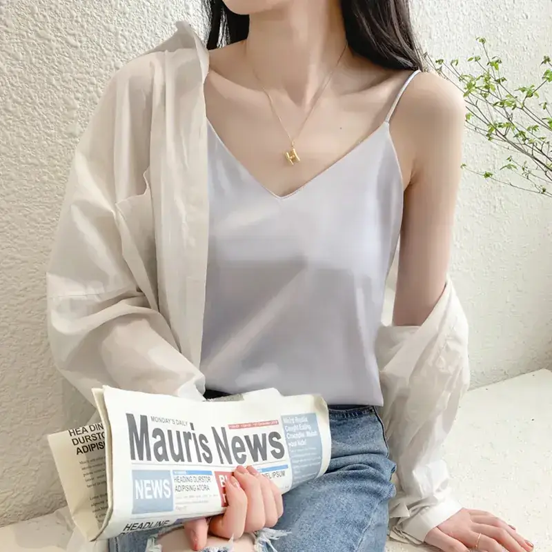 Women's Black Silk V-Neck Camisole with Loose Bottom - Image 3