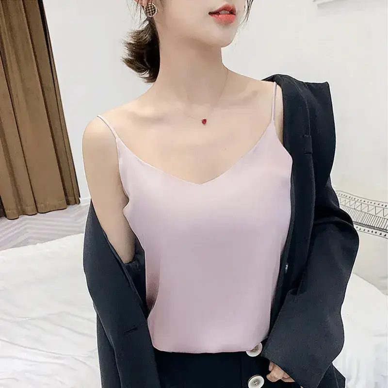 Women's Black Silk V-Neck Camisole with Loose Bottom - Image 6