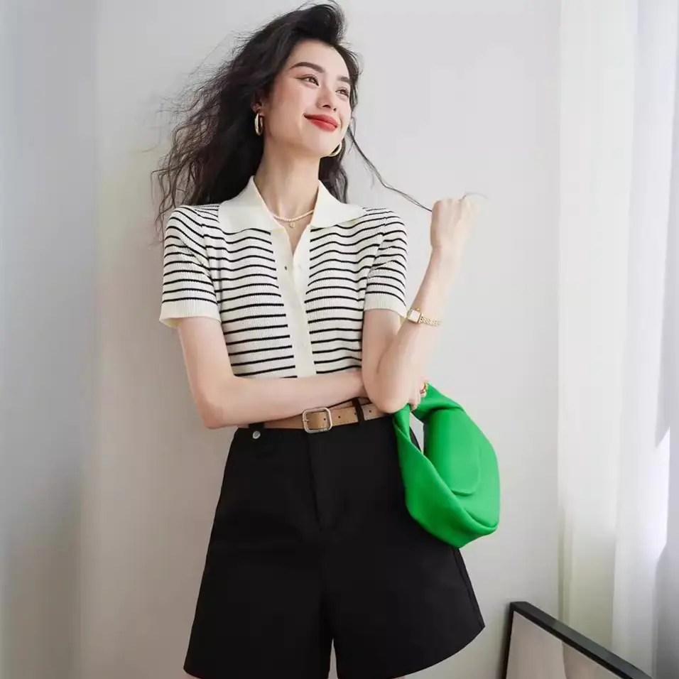 Women Striped Polo Short Sleeve Spring Summer - Image 7