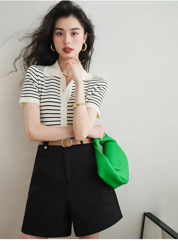Women Striped Polo Short Sleeve Spring Summer — feature 1