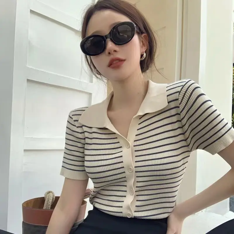 Women Striped Polo Short Sleeve Spring Summer - Image 5