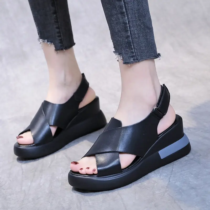Women's Sandals 2023 Summer Large Size Export Wedge Thick-Soled Platform Buckle High Heels Korean Style Chunky Heel