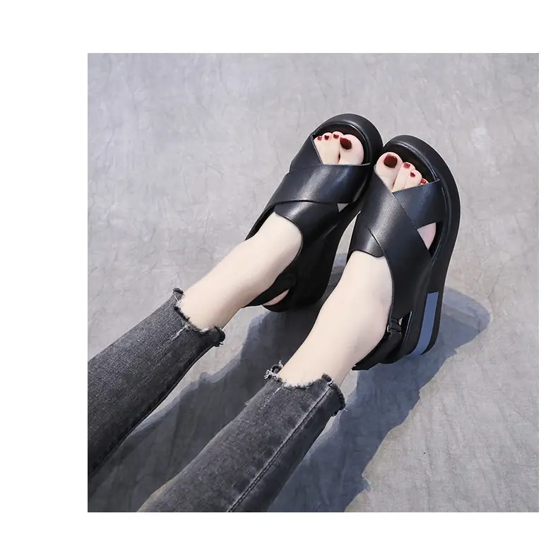 Women's Sandals 2023 Summer Large Size Export Wedge Thick-Soled Platform Buckle High Heels Korean Style Chunky Heel — feature 32